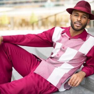 MONTIQUE INT. RUBY RED/WHITE 2 PIECE WALKING SUITS.